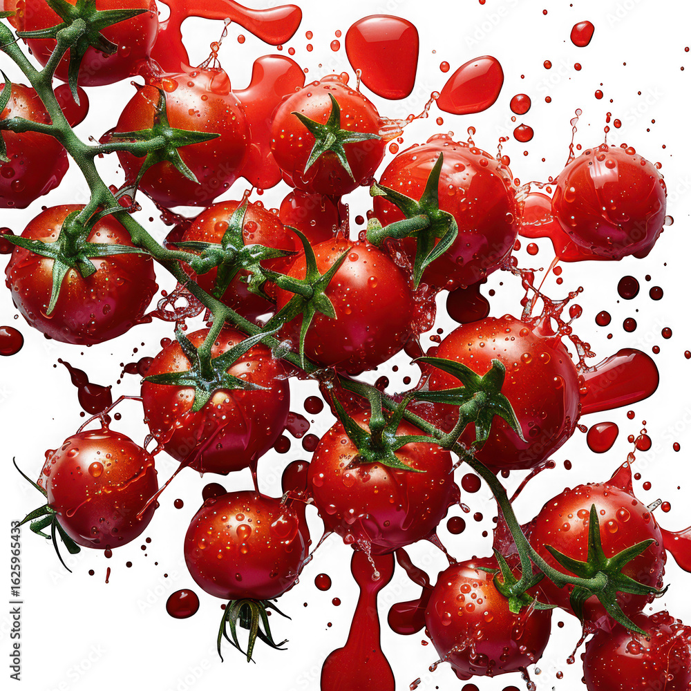Poster fresh cherry tomatoes on the vine are splashed with vibrant red juice creating a refreshing and visu