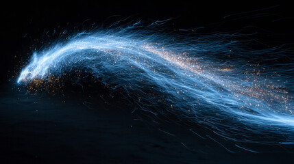 Magic arc slash, intense blue light with trailing sparks on black