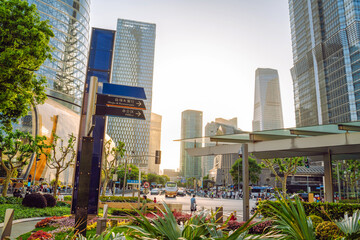 Shanghai. Skyline of Shanghai at sunset with modern architecture and vibrant city life