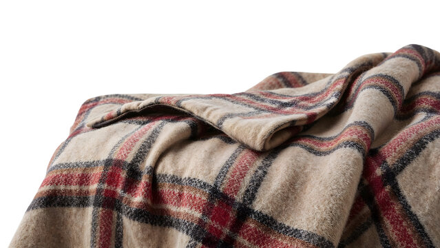 Soft wool plaid blanket with red and gray stripes on beige fabric, cozy textile for home decor and warmth on the transparent background - Powered by Adobe