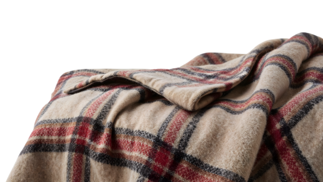 Soft wool plaid blanket with red and gray stripes on beige fabric, cozy textile for home decor and warmth on the transparent background