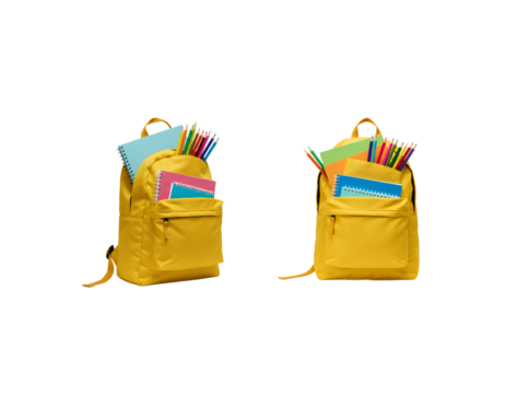 A vibrant yellow school backpack packed with colorful pencils and a notebook, perfect for back-to-school themes, student supplies, education graphics, and transparent PNG projects.

