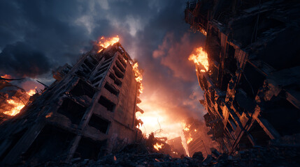 Obraz premium A dramatic view of a fiery cityscape featuring burning buildings and a dark, cloudy sky, portraying destruction and devastation