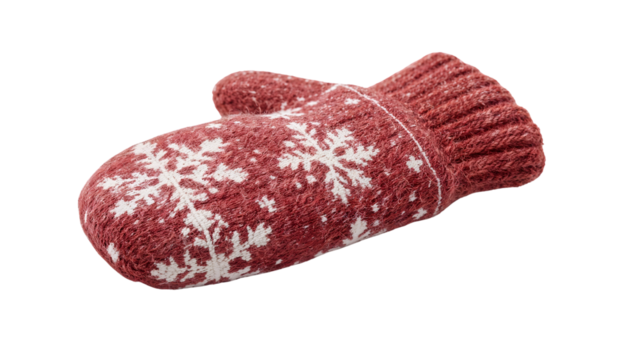 Red woolen mitten with white snowflake pattern for winter warmth and cozy seasonal comfort on the transparent background