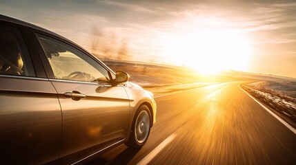 Fototapeta premium A car speeds down a sunlit highway, capturing the essence of freedom and motion.