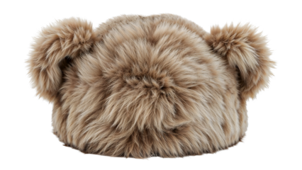 Fluffy faux fur hat with cute bear ears isolated on the transparent background, cozy winter fashion accessory for children and adults