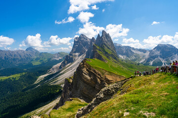 Italy, South Tyrol, Seceda - 22 June 2025 - View of the touristic Seceda mountain with its green meadows