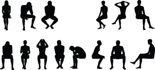 Silhouettes of people sitting in various poses, emotional and casual postures, male and female figures, vector illustration, isolated on white