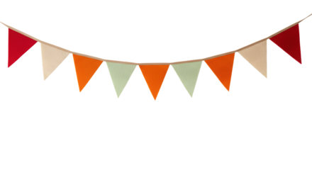 Uncreased multi-colored felt bunting flags (red, orange, beige, light green, pale yellow) on brown cord, transparent studio background with soft lighting. Celebration and joy atmosphere