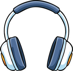 Illustration of white and blue over-ear headphones with orange accents.