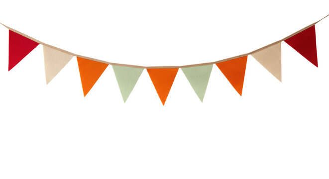 Uncreased multi-colored felt bunting flags (red, orange, beige, light green, pale yellow) on brown cord, transparent studio background with soft lighting. Celebration and joy atmosphere