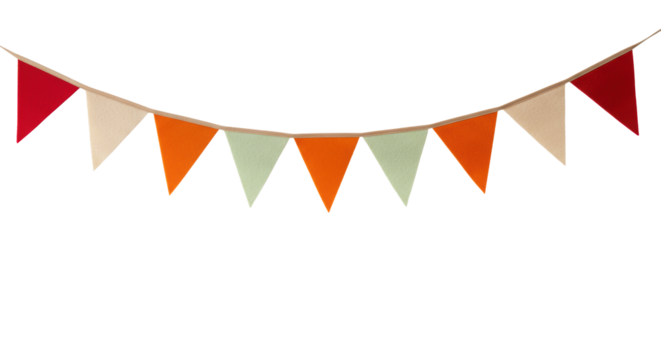 Uncreased multi-colored felt bunting flags (red, orange, beige, light green, pale yellow) on brown cord, transparent studio background with soft lighting. Celebration and joy atmosphere