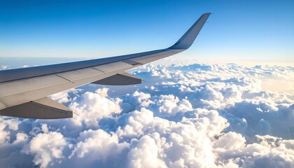 Fototapeta premium Airplane wing above a vast expanse of fluffy white clouds under a bright blue sky