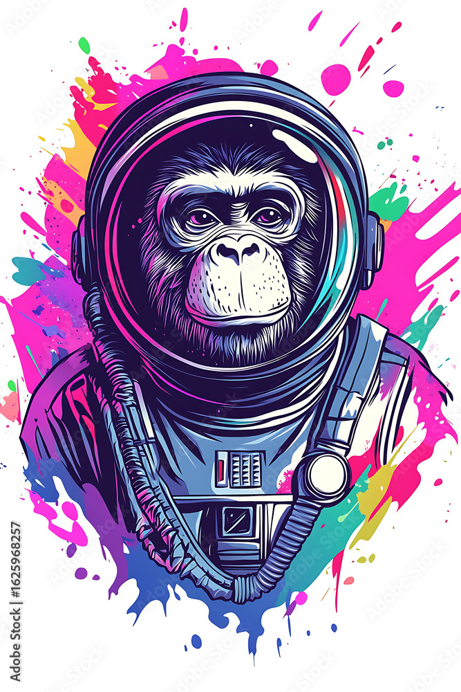 Poster astronaut monkey portrait with vibrant colors and abstract splashes in the background