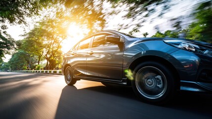 Fototapeta premium A car speeds down a sunlit highway, capturing the essence of freedom and motion.