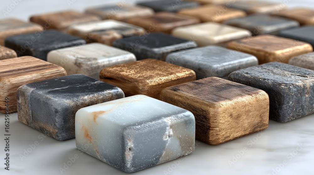 Aufkleber close-up view of various textured cubic blocks.