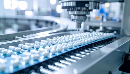 Automated pill production line; capsules moving along conveyor belt