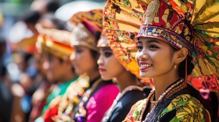 Fototapeta premium Woman in Elaborate Headpiece and Traditional Dress Smiles at a Parade