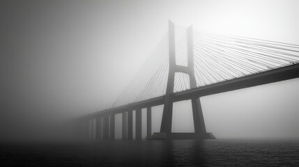 Fototapeta premium Bridge disappearing in fog over water; architecture, mystery, moody, backdrop