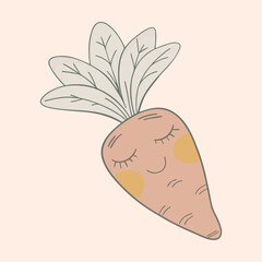 Vector art of adorable cartoon carrot with closed eyes and a gentle smile, featuring soft colors and a pastel background, conveying a sense of peace.