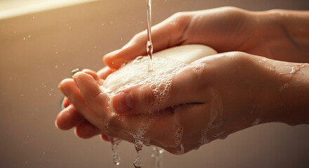 Fototapeta premium Close-Up of Hands Washing with Soap and Water – Hygiene, Clean Hands, and Health Awareness Concept