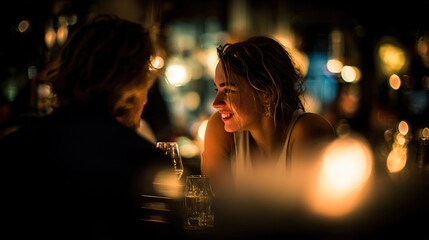 A happy couple enjoying a meal at a restaurant with warm lighting and a cozy ambiance.