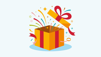 Bright yellow gift box bursts open with colorful confetti and a red ribbon bow illustration