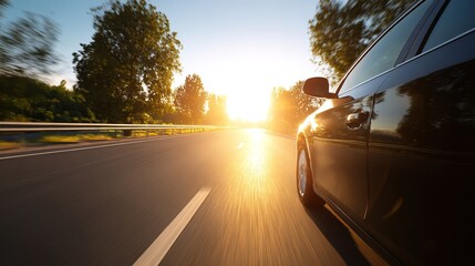 Obraz premium A car speeds down a sunlit highway, capturing the essence of freedom and motion.