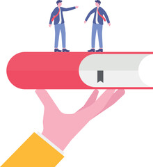 Flat illustration of businessman holds employee handbook providing onboarding procedures to new hires for company success
