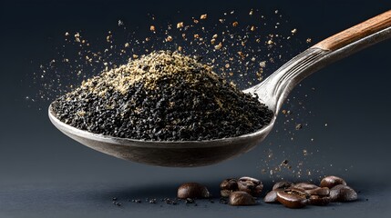 Ground coffee blend in a spoon with coffee beans.