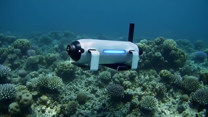 Robot submersible explores coral reefs underwater; sleek design with glowing blue light - Powered by Adobe