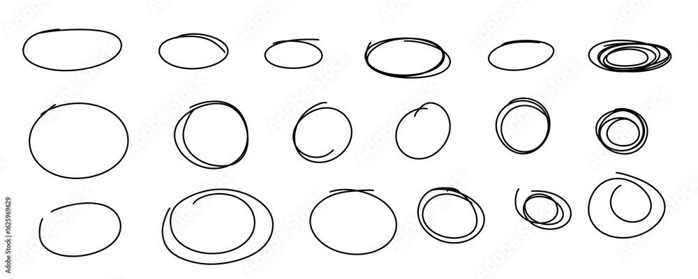 Poster collection of handdrawn circles and ovals isolated on transparent background