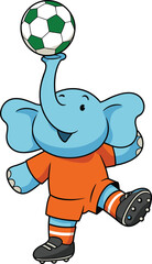 Blue cartoon elephant balancing soccer ball with trunk, wearing orange sports outfit, sporty character for children, playful fun illustration, kids design