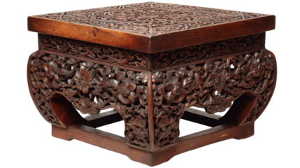Birds-eye view of a carved Chinese antique side table, top view on white isolated on a Transparent background, PNG file.