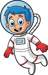 Cartoon astronaut with red gloves floating in space, colorful spacesuit character illustration, cosmic adventure theme for children, sci-fi vector artwork