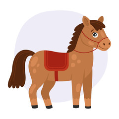 Cartoon character, brown spotted horse, pony with red saddle and bridle. Cute happy animal character.