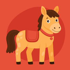 Yellow horse, pony with red saddle. Cute zodiac horse, new year of the horse. Cute happy animal character on red background.