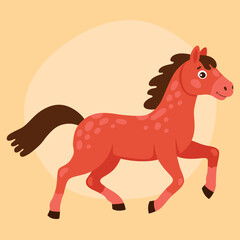Cute cartoon character, red galloping horse, pony. Happy animal. Cute zodiac horse, new year of the horse.
