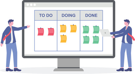 Vector illustration of team developing internal communication plan with sticky notes on whiteboard information flow

