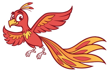 Simple vector style cartoon phoenix, flat red and orange colors, cute eyes, child-friendly desig