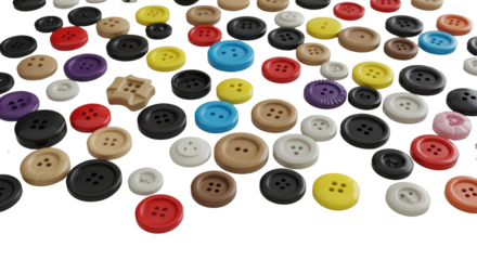 A vibrant assortment of diverse, multi-textured buttons (plastic, wood, metal) in various shapes on a transparent background with copy space. Concept of choice, diversity, and collective potential