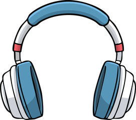 Illustration of blue and white over-ear headphones with red accents, isolated on a white background.