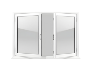 White casement window with open sashes on a transparent background