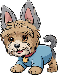 Cartoon Yorkshire Terrier dog in blue shirt, adorable pet character illustration, fluffy fur, playful puppy pose, animal vector clipart for children