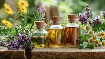 Concept of alternative herbal medicine. Bottles of tincture or potion, organic essential oils, dry healthy herbs, floral extracts on wooden table