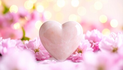 Obraz premium Delicate Pink Heart Stone Nestled Among Soft Cherry Blossoms with Dreamy Golden Bokeh