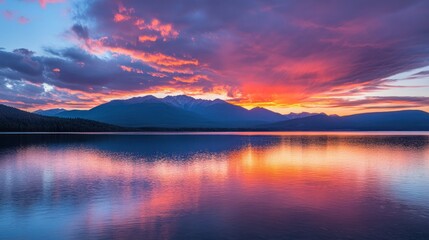 Mountain Silhouette Reflected in a Still Lake at Sunset