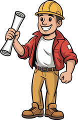 Confident construction worker holding blueprint, wearing hard hat, red jacket, safety gear, building site, skilled labor, project planning, engineer