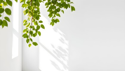 Obraz premium Fresh green leaves cascade with sunlight shadows on white wall.