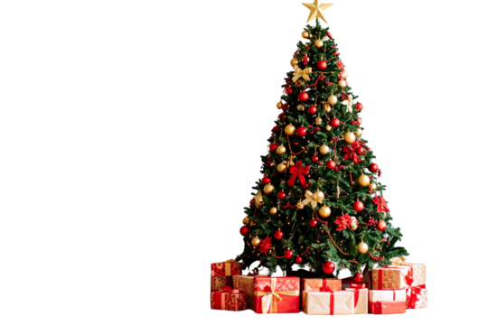 Elegant Christmas Tree by Fireplace in Cozy Living Room, Front Interior View, Isolated on Transparent Background PNG